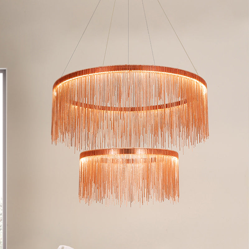 Multi Tiers Ceiling Lamp with Tassel Contemporary Metal 1/2/3 Heads Rose Gold Chandelier Light for Living Room Clearhalo 'Ceiling Lights' 'Chandeliers' 'Modern Chandeliers' 'Modern' Lighting' 438448