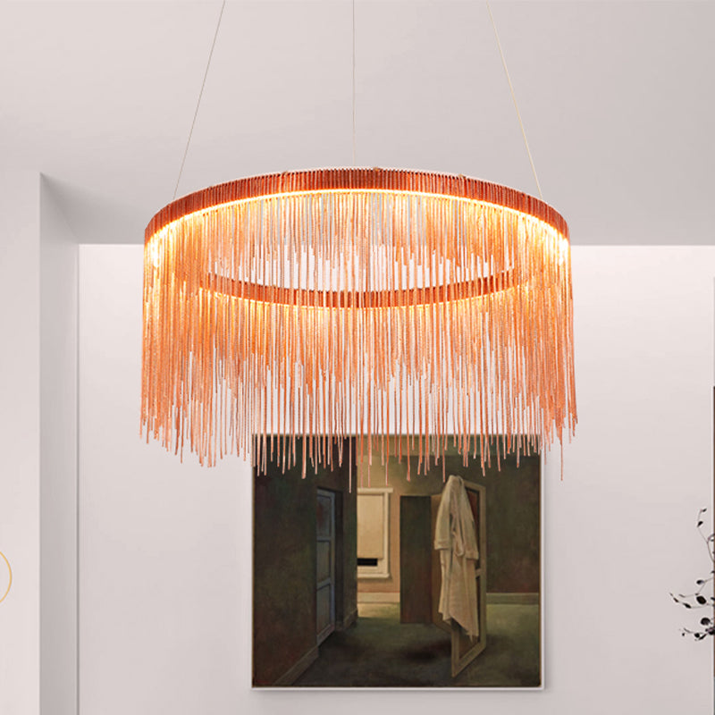 Multi Tiers Ceiling Lamp with Tassel Contemporary Metal 1/2/3 Heads Rose Gold Chandelier Light for Living Room Clearhalo 'Ceiling Lights' 'Chandeliers' 'Modern Chandeliers' 'Modern' Lighting' 438449