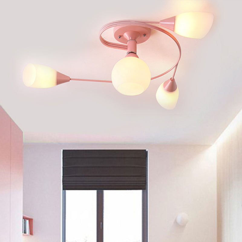 Curly Semi Flush Mount Light Nordic Iron 4/6-Head Grey/Pink/Yellow Ceiling Lamp with White Glass Shade Clearhalo 'Ceiling Lights' 'Chandeliers' 'Close To Ceiling Lights' 'Close to ceiling' 'Glass shade' 'Glass' 'Semi-flushmount' Lighting' 438514