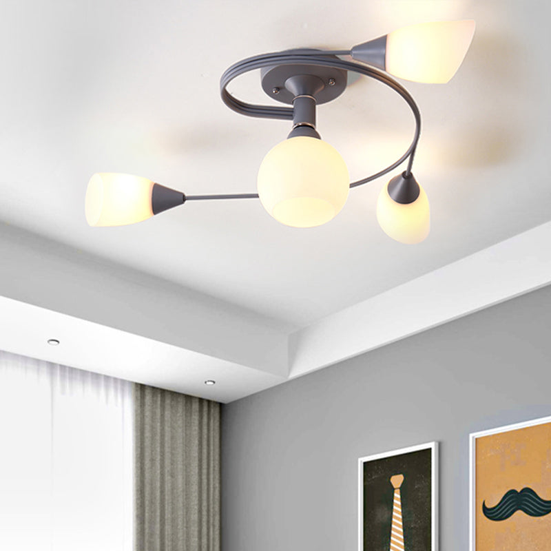 Curly Semi Flush Mount Light Nordic Iron 4/6-Head Grey/Pink/Yellow Ceiling Lamp with White Glass Shade Clearhalo 'Ceiling Lights' 'Chandeliers' 'Close To Ceiling Lights' 'Close to ceiling' 'Glass shade' 'Glass' 'Semi-flushmount' Lighting' 438515