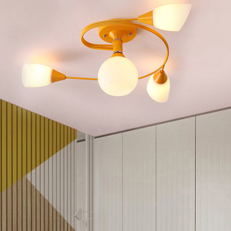 Curly Semi Flush Mount Light Nordic Iron 4/6-Head Grey/Pink/Yellow Ceiling Lamp with White Glass Shade Clearhalo 'Ceiling Lights' 'Chandeliers' 'Close To Ceiling Lights' 'Close to ceiling' 'Glass shade' 'Glass' 'Semi-flushmount' Lighting' 438516