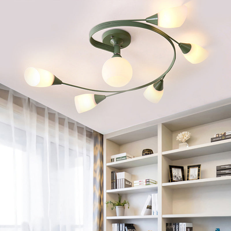 Curly Semi Flush Mount Light Nordic Iron 4/6-Head Grey/Pink/Yellow Ceiling Lamp with White Glass Shade Clearhalo 'Ceiling Lights' 'Chandeliers' 'Close To Ceiling Lights' 'Close to ceiling' 'Glass shade' 'Glass' 'Semi-flushmount' Lighting' 438517