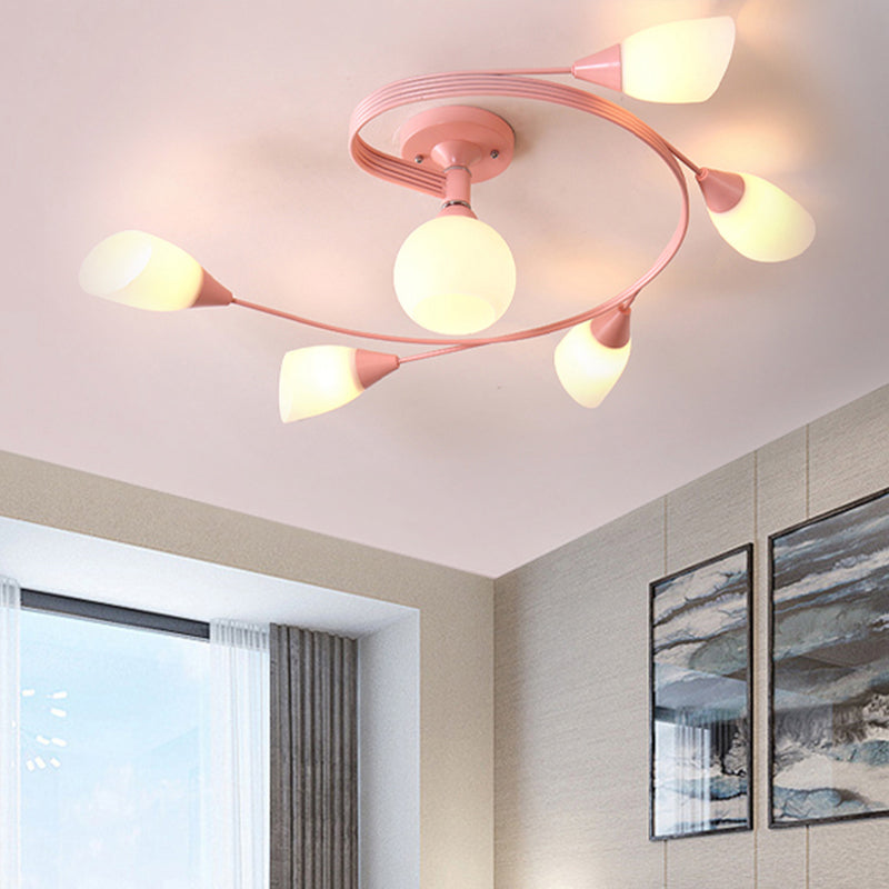 Curly Semi Flush Mount Light Nordic Iron 4/6-Head Grey/Pink/Yellow Ceiling Lamp with White Glass Shade Clearhalo 'Ceiling Lights' 'Chandeliers' 'Close To Ceiling Lights' 'Close to ceiling' 'Glass shade' 'Glass' 'Semi-flushmount' Lighting' 438519