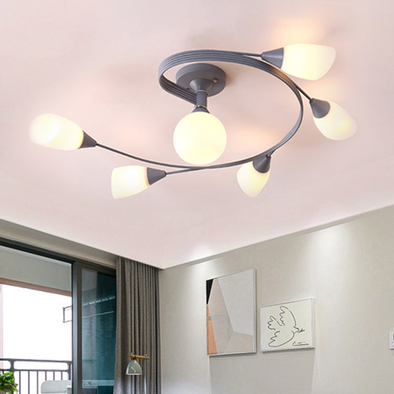 Curly Semi Flush Mount Light Nordic Iron 4/6-Head Grey/Pink/Yellow Ceiling Lamp with White Glass Shade Clearhalo 'Ceiling Lights' 'Chandeliers' 'Close To Ceiling Lights' 'Close to ceiling' 'Glass shade' 'Glass' 'Semi-flushmount' Lighting' 438520