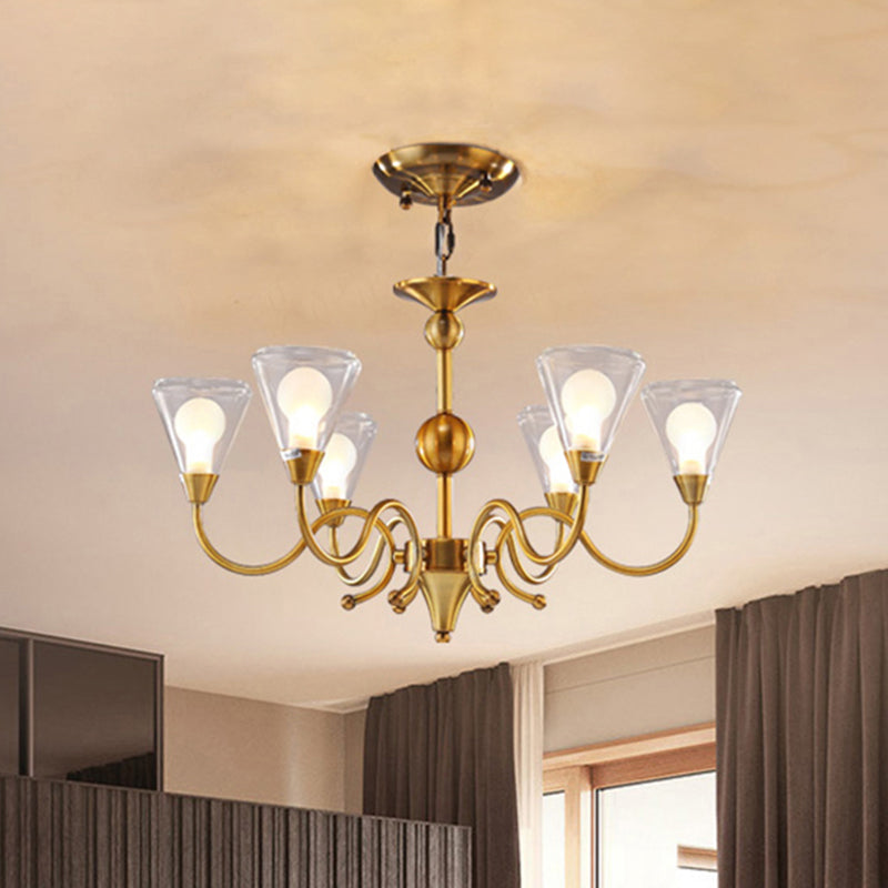 Cone Chandelier Lighting Post-Modernist Clear Glass Multi Lights Led Brass Ceiling Pendant Lamp with Curved Arm Clearhalo 'Ceiling Lights' 'Chandeliers' 'Modern Chandeliers' 'Modern' Lighting' 438530