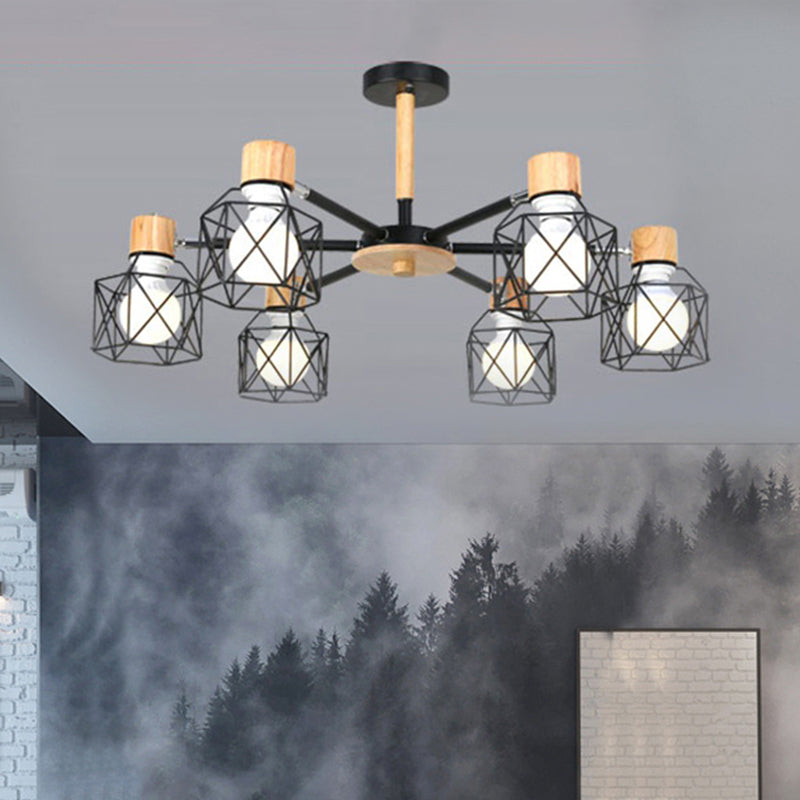 Cage Semi Flush Lamp Nordic Iron 3/6/8-Head Black/Green/Gold Ceiling Drop Pendant Lighting Clearhalo 'Ceiling Lights' 'Close To Ceiling Lights' 'Close to ceiling' 'Semi-flushmount' Lighting' 438540