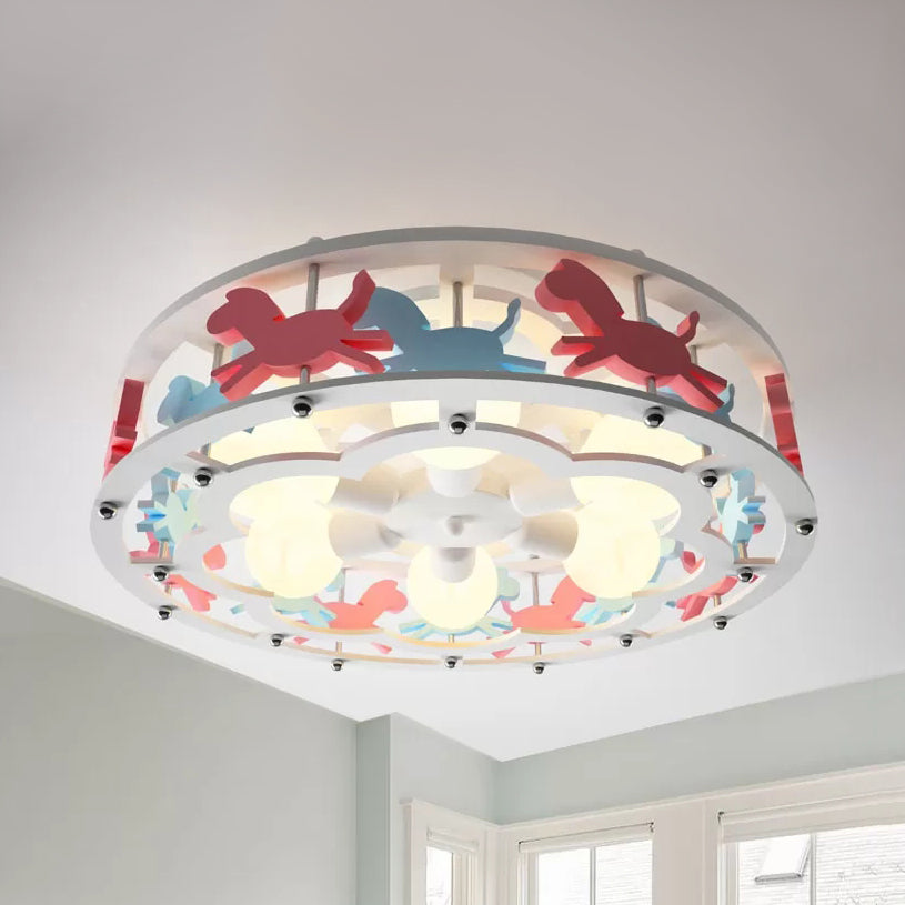 Nursing Room Drum Semi Flush Mount Light Metal Six Lights Cartoon Ceiling Lamp Blue-Pink Horse Clearhalo 'Ceiling Lights' 'Close To Ceiling Lights' 'Close to ceiling' 'Semi-flushmount' Lighting' 43856