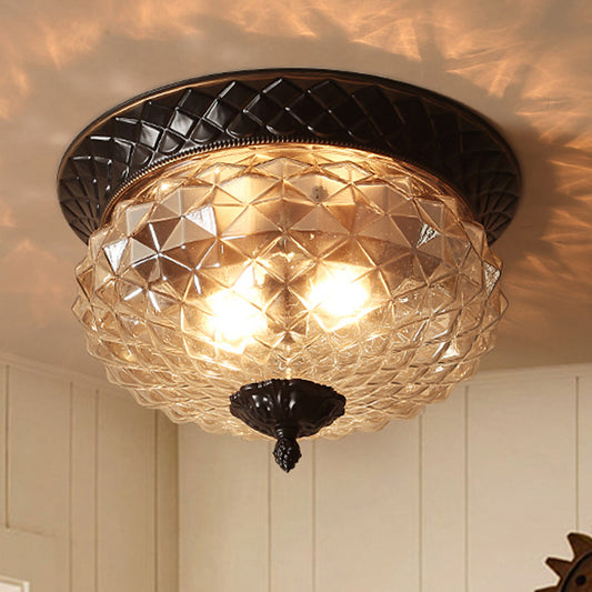 Industrial Bowl Flush Ceiling Light Clear Prismatic Glass 2 Lights Foyer Flushmount Light in Black Black Clearhalo 'Ceiling Lights' 'Close To Ceiling Lights' 'Close to ceiling' 'Flush mount' Lighting' 438606