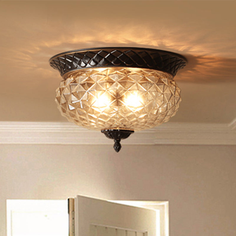 Industrial Bowl Flush Ceiling Light Clear Prismatic Glass 2 Lights Foyer Flushmount Light in Black Clearhalo 'Ceiling Lights' 'Close To Ceiling Lights' 'Close to ceiling' 'Flush mount' Lighting' 438608