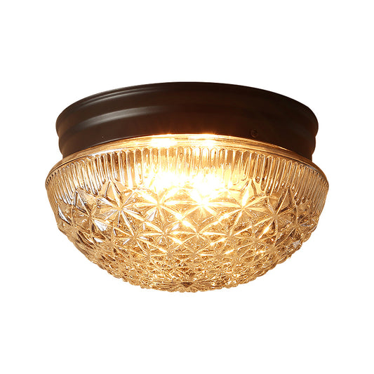 Clear Textured Glass Dome Flushmount Industrial 2 Bulbs Flush Ceiling Light in Matte Black Clearhalo 'Ceiling Lights' 'Close To Ceiling Lights' 'Close to ceiling' 'Flush mount' Lighting' 438615