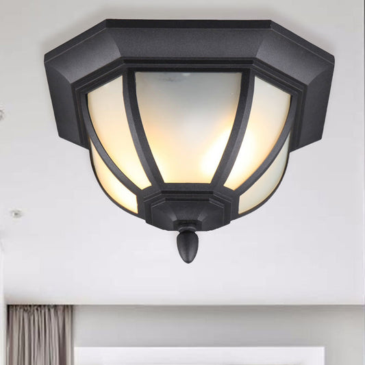 Industrial Bowl Flush Ceiling Light Opal Glass 2 Lights Outdoor Flush Mount in Black Black Clearhalo 'Ceiling Lights' 'Close To Ceiling Lights' 'Close to ceiling' 'Flush mount' Lighting' 438629