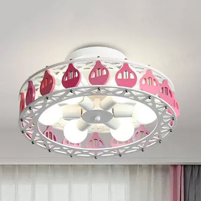 Nursing Room Drum Semi Flush Mount Light Metal Six Lights Cartoon Ceiling Lamp Pink Water Drop Clearhalo 'Ceiling Lights' 'Close To Ceiling Lights' 'Close to ceiling' 'Semi-flushmount' Lighting' 43863