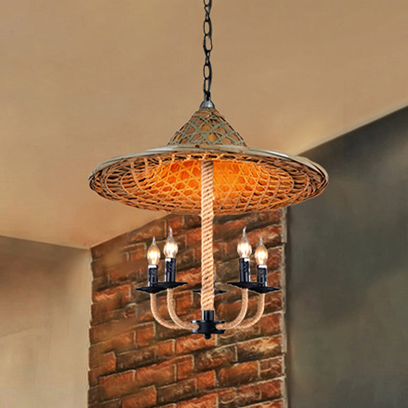 Candle Chandelier Lighting with Hat Design Lodge Style Rattan 5 Lights Beige Hanging Lamp for Dining Room Clearhalo 'Ceiling Lights' 'Chandeliers' Lighting' options 438657