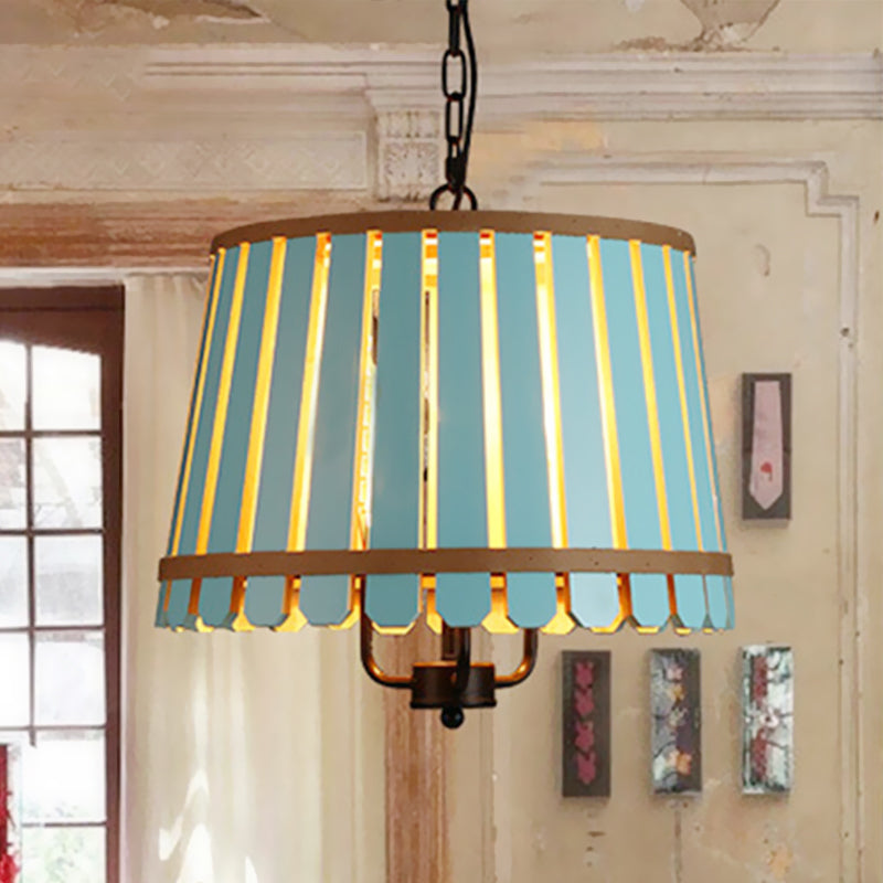 12.5"/16.5" Wide Slatted Chandelier Light Fixture Modern Wooden 3 Lights Blue/Green/Wood Hanging Pendant for Dining Room Clearhalo 'Ceiling Lights' 'Chandeliers' Lighting' options 438659