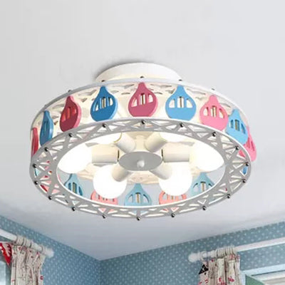 Nursing Room Drum Semi Flush Mount Light Metal Six Lights Cartoon Ceiling Lamp Blue-Pink Water Drop Clearhalo 'Ceiling Lights' 'Close To Ceiling Lights' 'Close to ceiling' 'Semi-flushmount' Lighting' 43867