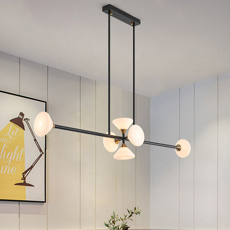 Modern 6/10-Head LED Island Pendant with White Glass Shade Black Linear Ceiling Light Fixture in Warm/White Light Clearhalo 'Ceiling Lights' 'Island Lights' Lighting' 438682