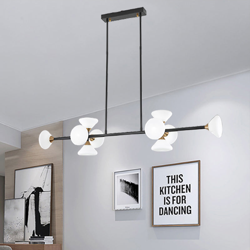 Modern 6/10-Head LED Island Pendant with White Glass Shade Black Linear Ceiling Light Fixture in Warm/White Light Clearhalo 'Ceiling Lights' 'Island Lights' Lighting' 438683