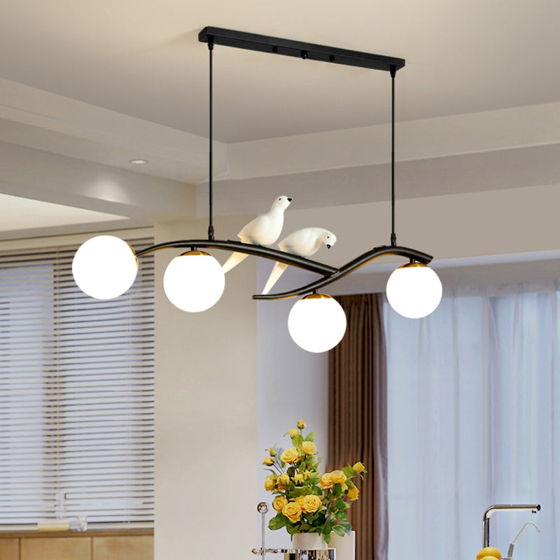 Modern Branch Island Light Matte White Glass 4-Head Dining Room Drop Pendant Fixture with Birds and Adjustable Cord Clearhalo 'Ceiling Lights' 'Glass shade' 'Glass' 'Island Lights' Lighting' 438685