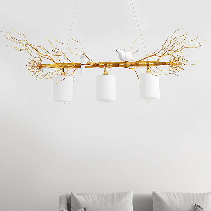 Cylinder Ceiling Island Pendant Modern 3-Head White Glass Hanging Light Fixture with Gold/Silver Branch Clearhalo 'Ceiling Lights' 'Close To Ceiling Lights' 'Glass shade' 'Glass' 'Island Lights' Lighting' 438720