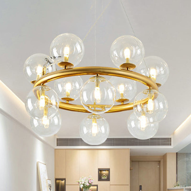 Post Modern Style 12 Bulbs Chandelier Gold Globe Suspension Light with Clear Glass Shade Clearhalo 'Ceiling Lights' 'Chandeliers' 'Glass shade' 'Glass' 'Modern Chandeliers' 'Modern' Lighting' 438739