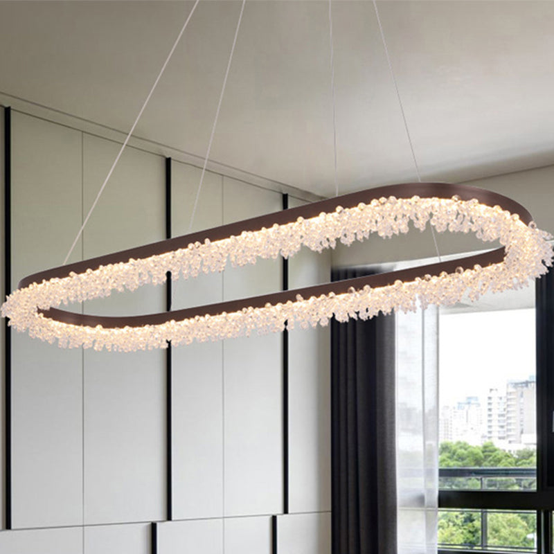 Elliptical Chandelier Pendant Light Contemporary Crystal Brown LED Suspension Lamp in Warm/White/Natural Light, 35.5"/47" Wide Clearhalo 'Ceiling Lights' 'Chandeliers' 'Modern Chandeliers' 'Modern' Lighting' 438742