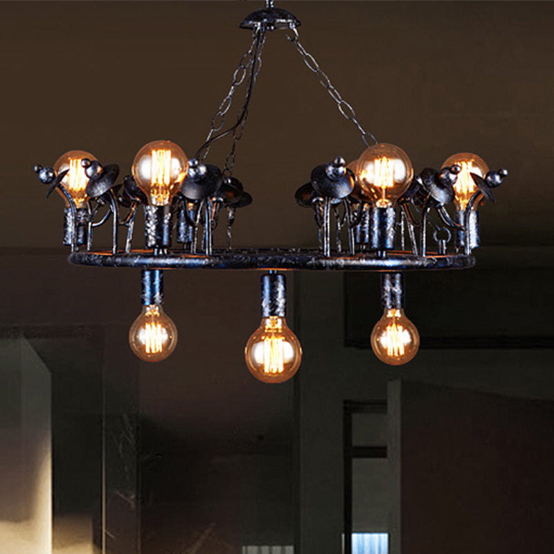 Multi Light Round Chandelier Light Open Bulb Metal Rustic Pendant Lighting in Black Clearhalo 'Ceiling Lights' 'Chandeliers' Lighting' options 438751