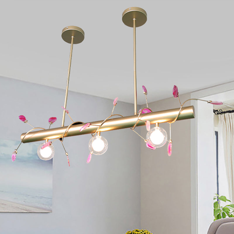 Iron Branch Island Pendant Contemporary 3-Light Ceiling Light Fixture in Pink/Yellow/Orange with Clear Glass Ball Shade Clearhalo 'Ceiling Lights' 'Close To Ceiling Lights' 'Glass shade' 'Glass' 'Island Lights' Lighting' 438756