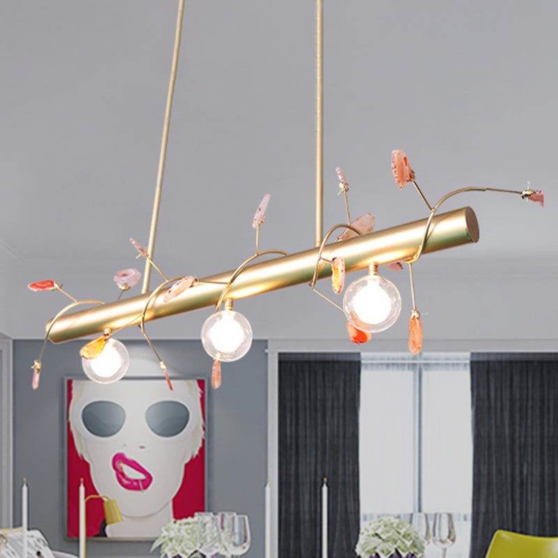 Iron Branch Island Pendant Contemporary 3-Light Ceiling Light Fixture in Pink/Yellow/Orange with Clear Glass Ball Shade Clearhalo 'Ceiling Lights' 'Close To Ceiling Lights' 'Glass shade' 'Glass' 'Island Lights' Lighting' 438757