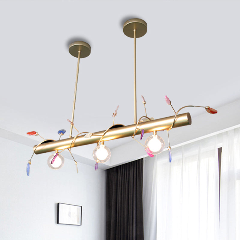 Iron Branch Island Pendant Contemporary 3-Light Ceiling Light Fixture in Pink/Yellow/Orange with Clear Glass Ball Shade Clearhalo 'Ceiling Lights' 'Close To Ceiling Lights' 'Glass shade' 'Glass' 'Island Lights' Lighting' 438758