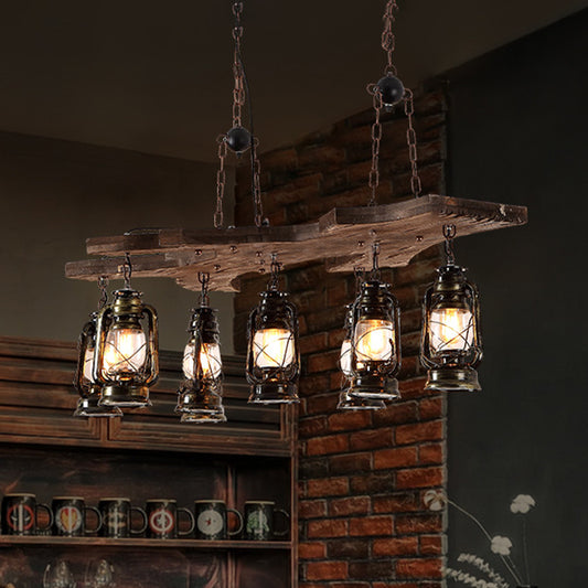 Linear Chandelier Light with Lantern Shade Industrial Metal 8 Lights Island Lighting in Antique Brass Clearhalo 'Ceiling Lights' 'Island Lights' Lighting' 438782