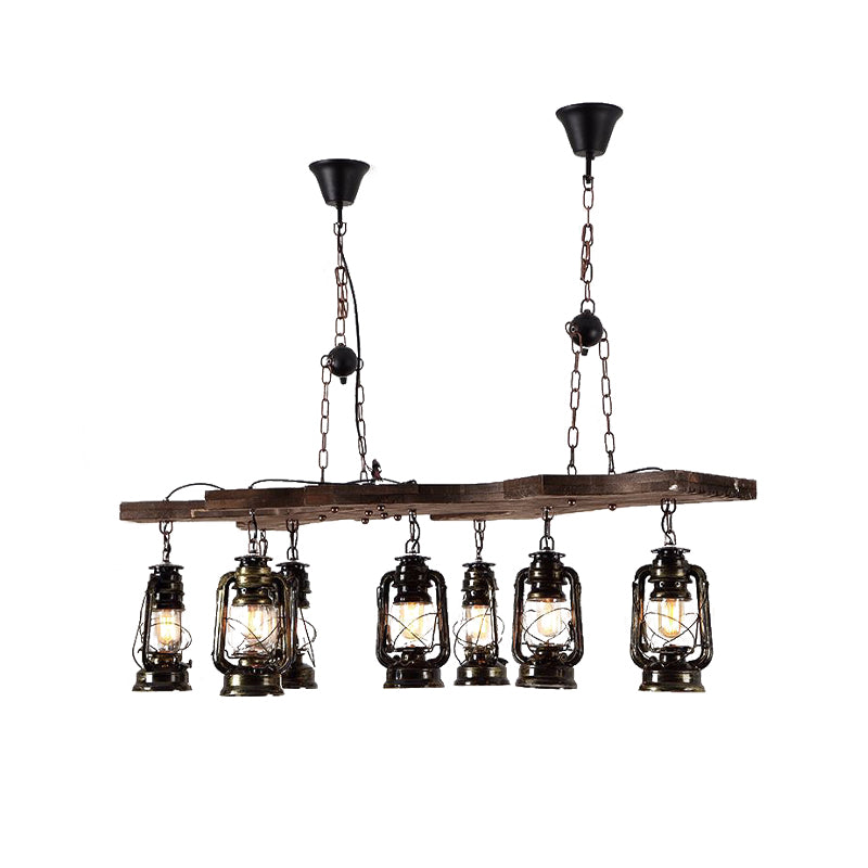 Linear Chandelier Light with Lantern Shade Industrial Metal 8 Lights Island Lighting in Antique Brass Clearhalo 'Ceiling Lights' 'Island Lights' Lighting' 438783