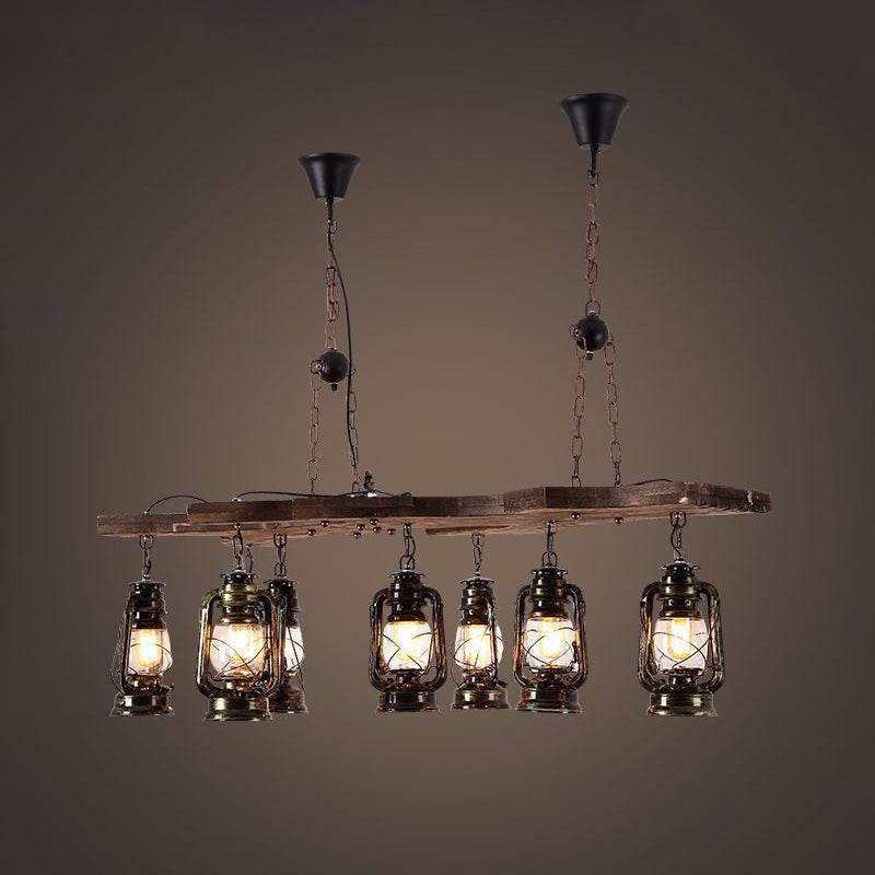 Linear Chandelier Light with Lantern Shade Industrial Metal 8 Lights Island Lighting in Antique Brass Clearhalo 'Ceiling Lights' 'Island Lights' Lighting' 438784