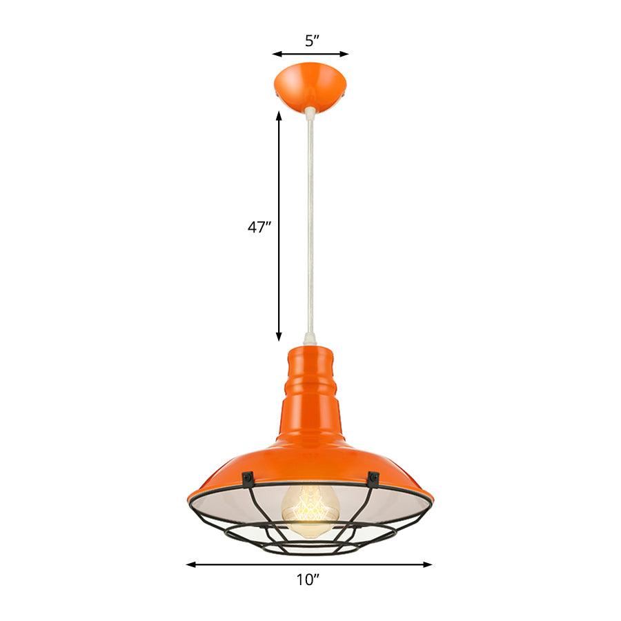 Orange/Blue/Green Bowl Hanging Light with Wire Guard Industrial Metal 1 Light Dining Room Pendant Light Fixture, 10"/14"/18" Dia Clearhalo 'Art Deco Pendants' 'Black' 'Cast Iron' 'Ceiling Lights' 'Ceramic' 'Crystal' 'Industrial Pendants' 'Industrial' 'Metal' 'Middle Century Pendants' 'Pendant Lights' 'Pendants' 'Rustic Pendants' 'Tiffany' Lighting' 4388