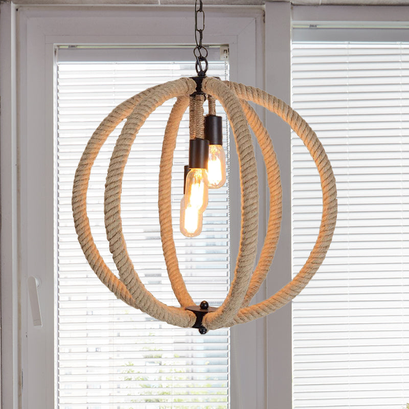 Orb Shade Hallway Chandelier Hanging Light Retro Style Hemp Rope 3 Lights Beige Ceiling Lamp Clearhalo 'Ceiling Lights' 'Chandeliers' Lighting' options 438803