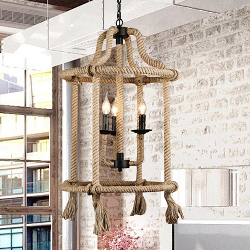 Brown Geometric Ceiling Light with Cage Shade Retro Style Hemp Rope 3 Lights Dining Room Chandelier Lighting Clearhalo 'Ceiling Lights' 'Chandeliers' Lighting' options 438805