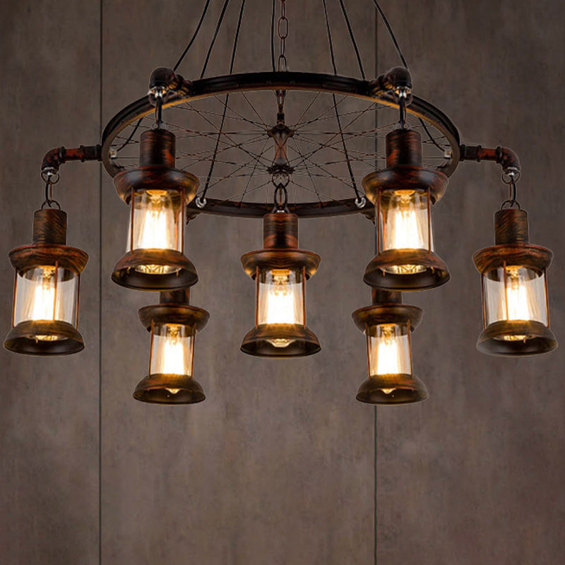 Coastal Lantern Hanging Lamp 7 Lights Clear Glass Chandelier Lighting in Rust with Wheel Clearhalo 'Ceiling Lights' 'Chandeliers' Lighting' options 438853