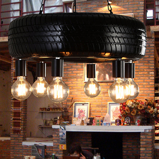 Cafe Car Tire Pendant Lamp Rubber 6 Lights Vintage Stylish Chandelier in Black Clearhalo 'Ceiling Lights' 'Chandeliers' Lighting' options 438866
