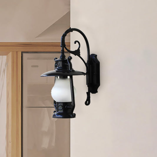 Lantern Frosted Glass Wall Mounted Lamp Coastal Single Bulb Outdoor Sconce Light in Black/Aged Brass Clearhalo 'Art deco wall lights' 'Cast Iron' 'Glass' 'Industrial wall lights' 'Industrial' 'Middle century wall lights' 'Modern' 'Rustic wall lights' 'Tiffany' 'Traditional wall lights' 'Wall Lamps & Sconces' 'Wall Lights' Lighting' 438867