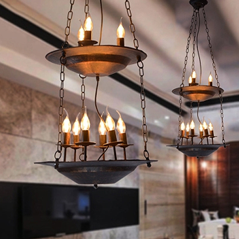 Metallic Candle&Saucer Chandelier Bookstore Cafe Industrial Style Pendant Lamp in Rust Clearhalo 'Ceiling Lights' 'Chandeliers' Lighting' options 438871