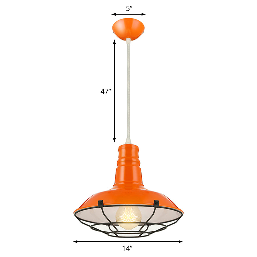 Orange/Blue/Green Bowl Hanging Light with Wire Guard Industrial Metal 1 Light Dining Room Pendant Light Fixture, 10"/14"/18" Dia Clearhalo 'Art Deco Pendants' 'Black' 'Cast Iron' 'Ceiling Lights' 'Ceramic' 'Crystal' 'Industrial Pendants' 'Industrial' 'Metal' 'Middle Century Pendants' 'Pendant Lights' 'Pendants' 'Rustic Pendants' 'Tiffany' Lighting' 4389