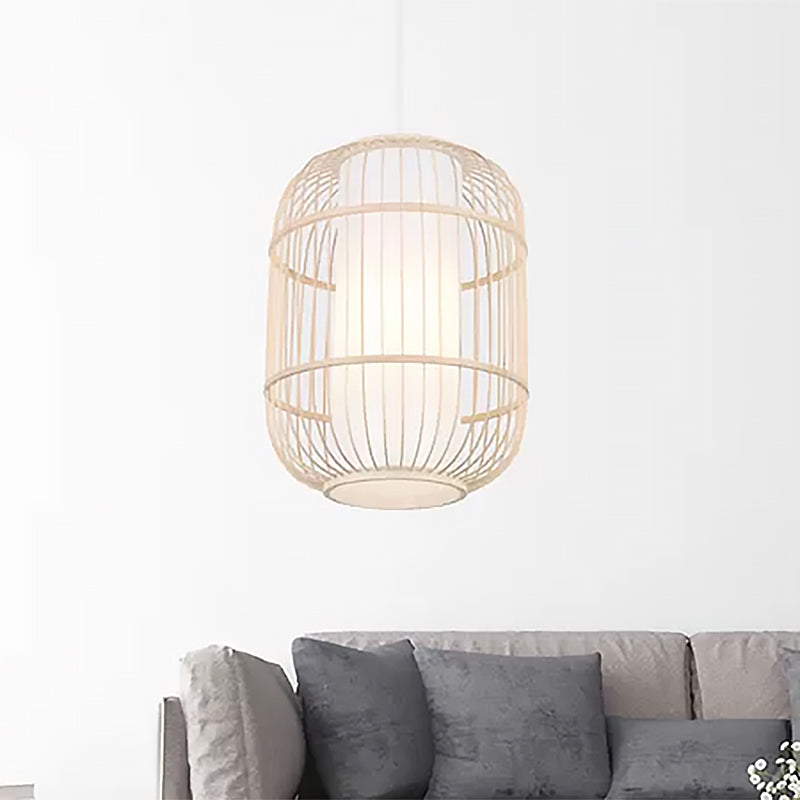 Asian Style Cylinder Shade Hanging Lamp Bamboo 1 Head Living Room Ceiling Fixture in Beige, 16"/19.5" W Clearhalo 'Ceiling Lights' 'Pendant Lights' 'Pendants' Lighting' 438905