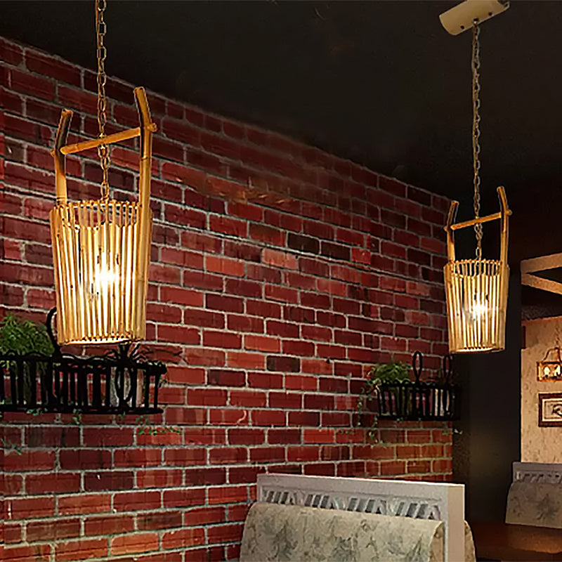 1 Head Restaurant Pendant Lighting with Bucket Bamboo Shade Lodge Stylish Beige Ceiling Light Fixture Clearhalo 'Ceiling Lights' 'Modern Pendants' 'Modern' 'Pendant Lights' 'Pendants' Lighting' 438909