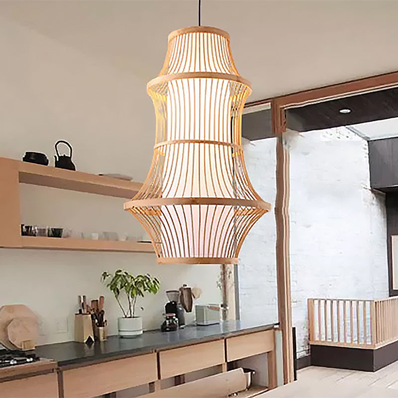 1 Light Restaurant Hanging Light with Cage-Like Bamboo Shade Modernist Beige Pendant Lamp Clearhalo 'Ceiling Lights' 'Pendant Lights' 'Pendants' Lighting' 438910