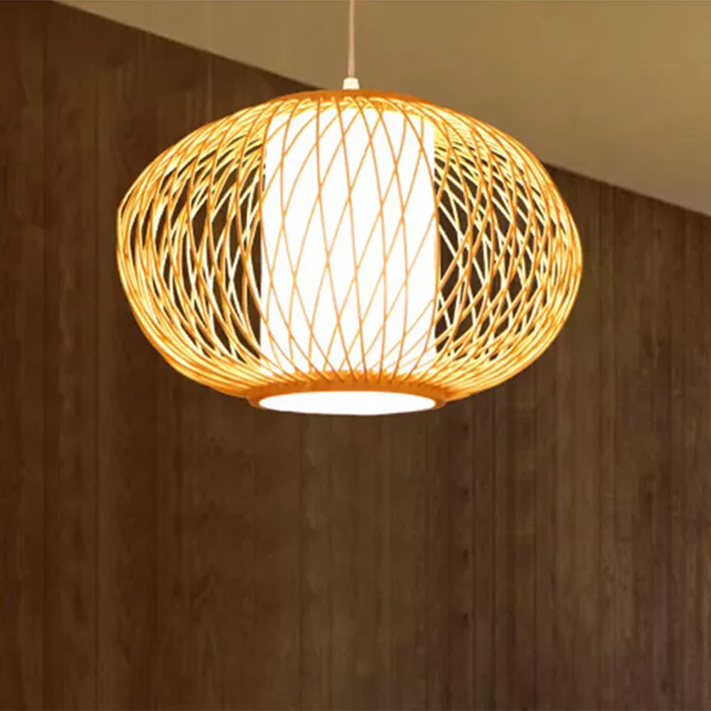 Beige Hand-Knitted Hanging Lighting with Drum Shade Modernism 10"/16" W 1 Bulb Bamboo Ceiling Lamp for Dining Room Clearhalo 'Ceiling Lights' 'Pendant Lights' 'Pendants' Lighting' 438925