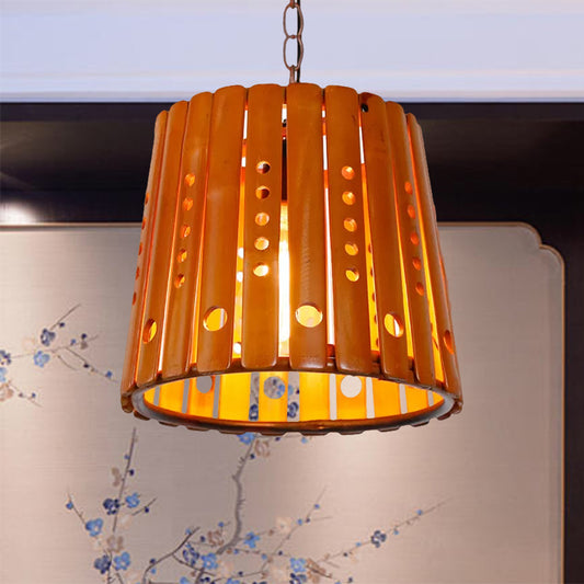 Barrel Pendant Light Fixture Modern Wood 1 Light Dining Room Hanging Light in Brown Clearhalo 'Ceiling Lights' 'Modern Pendants' 'Modern' 'Pendant Lights' 'Pendants' Lighting' 438927