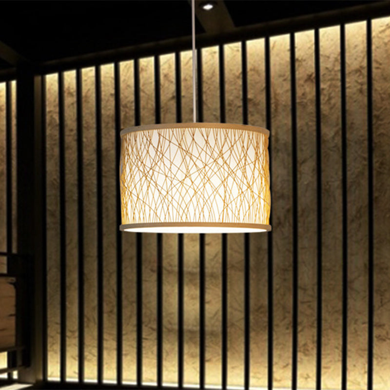 Japanese 1-Light Pendant Light Fixture with Hand-Woven Bamboo Beige Drum Shade Hanging Lamp for Restaurant Clearhalo 'Ceiling Lights' 'Modern Pendants' 'Modern' 'Pendant Lights' 'Pendants' Lighting' 438931