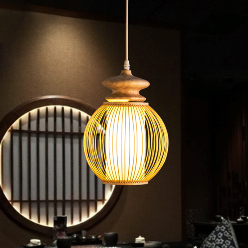 Bamboo Global Shade Hanging Lamp Asian Style 1 Light Ceiling Light Fixture with Wooden Cap in Beige, 9"/12" Dia Clearhalo 'Ceiling Lights' 'Pendant Lights' 'Pendants' Lighting' 438933