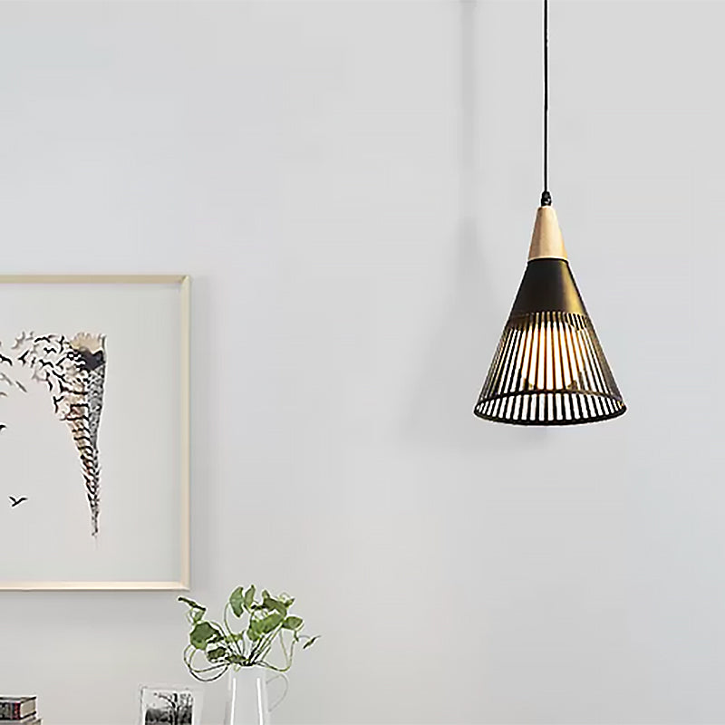 Metallic Cone Ceiling Light with Cage Shade Contemporary 1 Light Bedroom Pendant Lighting in Black/Gold/White Clearhalo 'Ceiling Lights' 'Modern Pendants' 'Modern' 'Pendant Lights' 'Pendants' Lighting' 438989