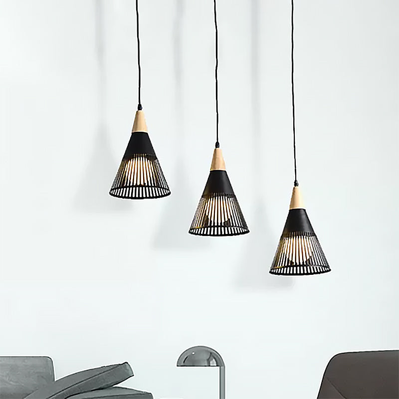 Nordic Cone Ceiling Light 3 Heads Metal and Wood Pendant Lighting with Wire Frame and Linear/Round Canopy in Black/White Clearhalo 'Ceiling Lights' 'Modern Pendants' 'Modern' 'Pendant Lights' 'Pendants' Lighting' 439003