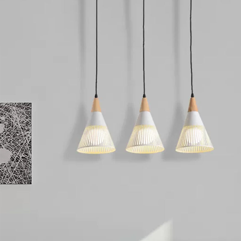 Nordic Cone Ceiling Light 3 Heads Metal and Wood Pendant Lighting with Wire Frame and Linear/Round Canopy in Black/White Clearhalo 'Ceiling Lights' 'Modern Pendants' 'Modern' 'Pendant Lights' 'Pendants' Lighting' 439004